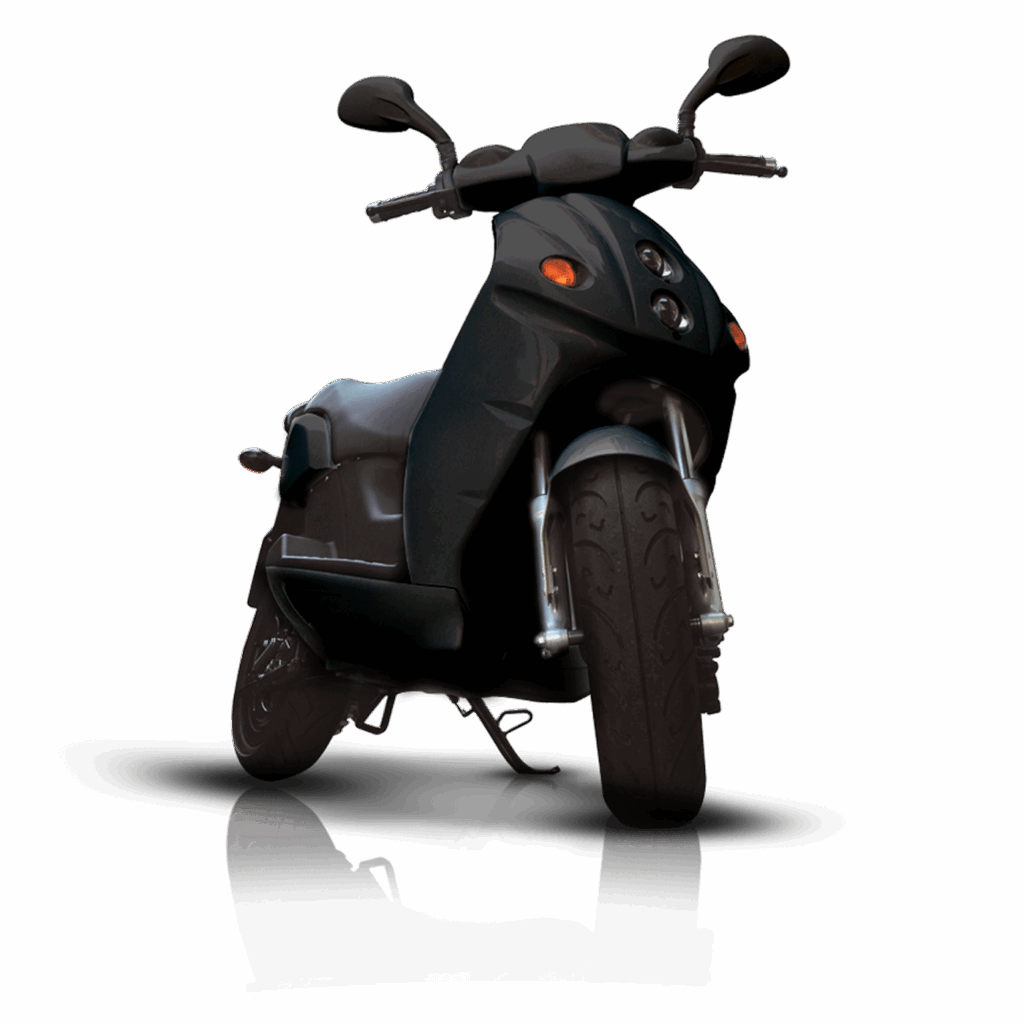 Black modern scooter on reflective surface, front angle, sleek and elegant