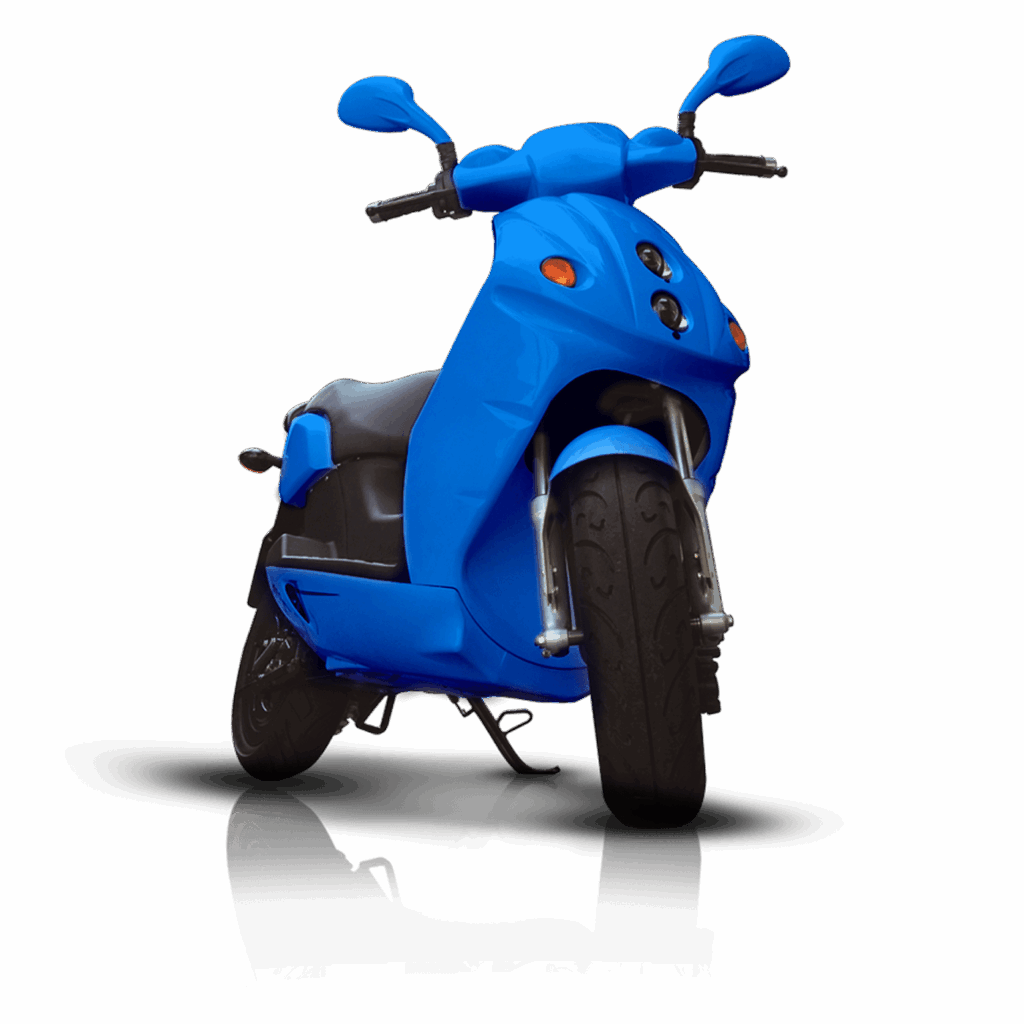 Bright blue scooter with sleek design and glossy finish, low angle on reflective surface