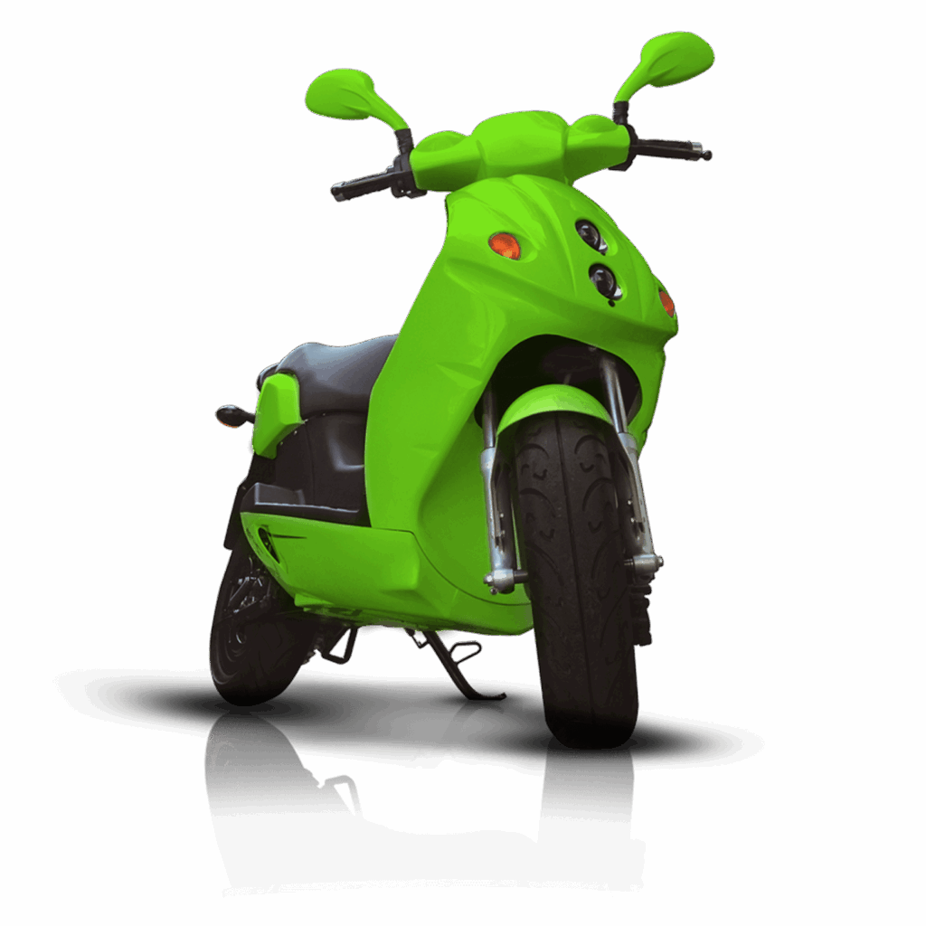 Vibrant green scooter from low angle, highlighting front wheel and handlebars, with a modern, energetic feel