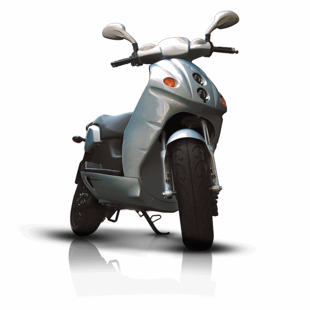 Modern silver scooter, front view with rounded mirrors and bold headlights, on gray background