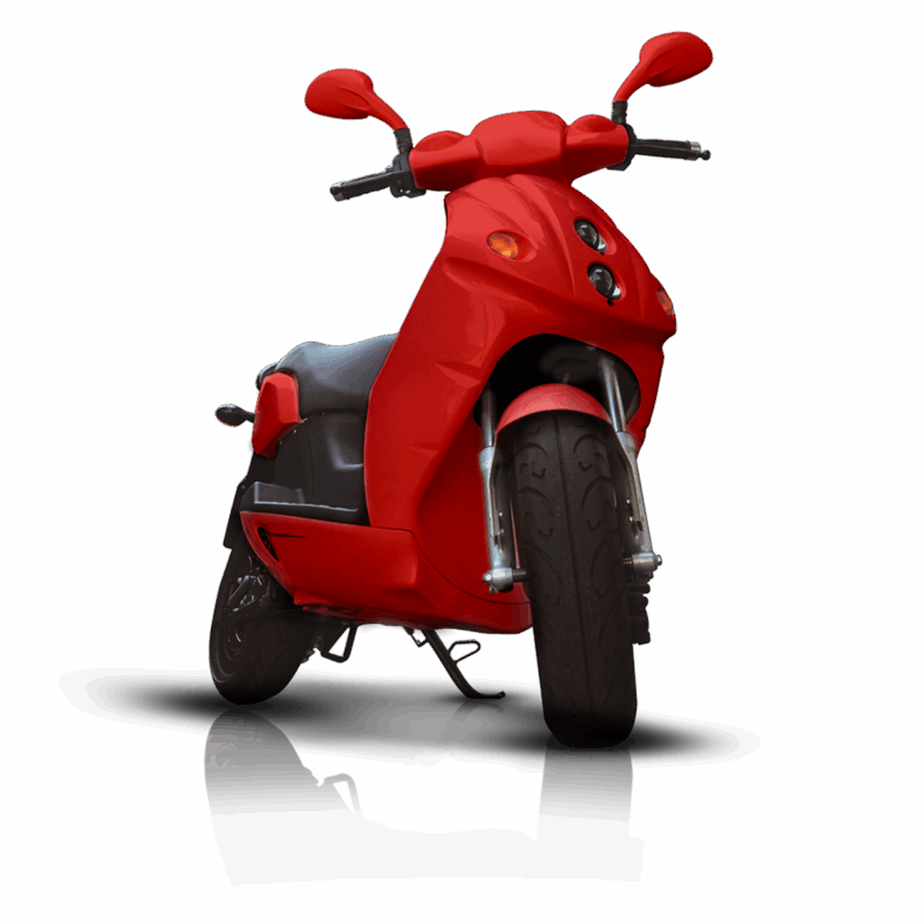 Glossy red scooter, front-side angle, sleek and modern, conveying speed and style.