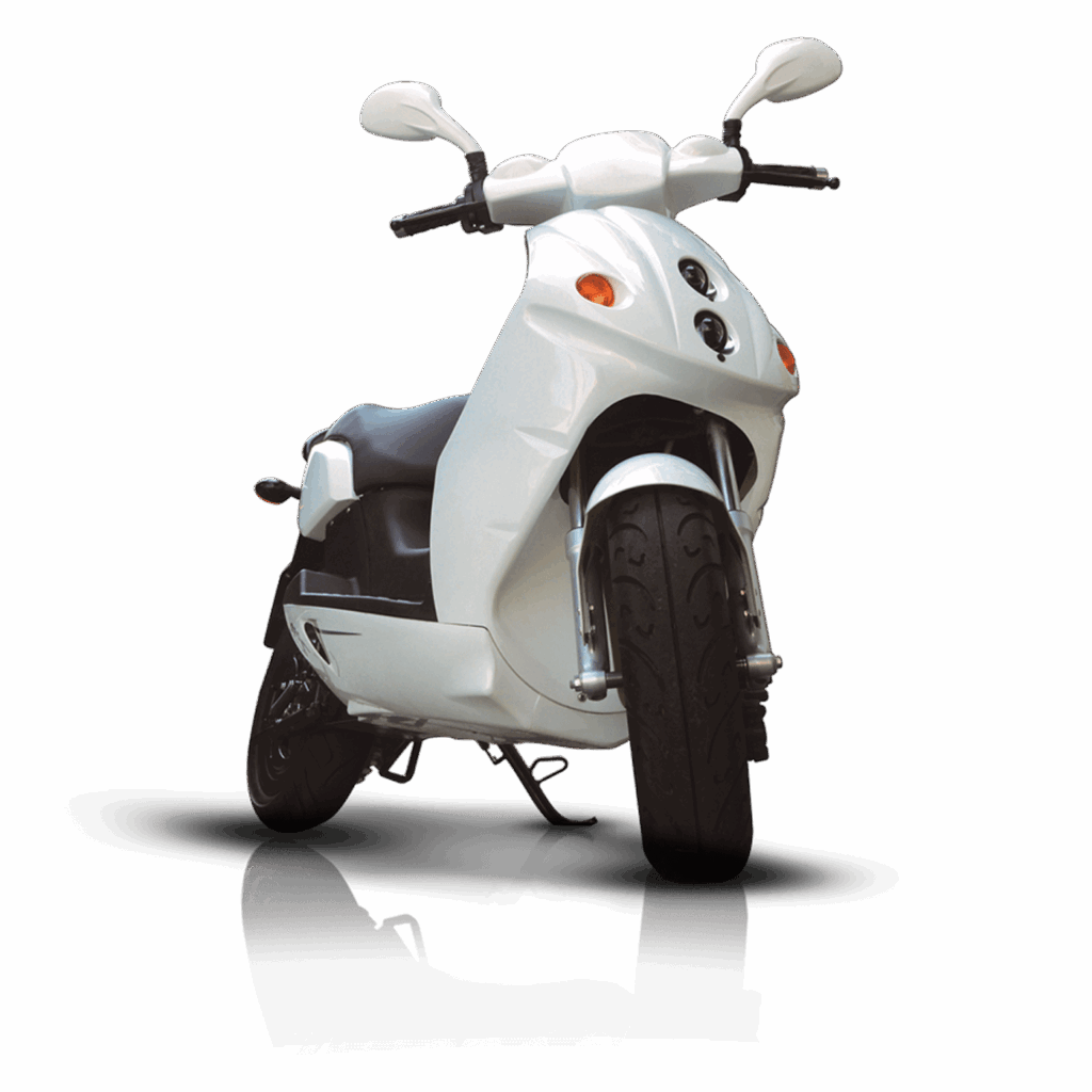 Front view of sleek white scooter on gray background, futuristic tone
