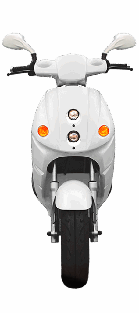Front view of sleek white scooter with circular headlights and orange indicators